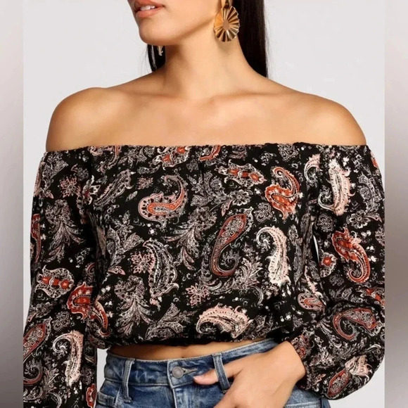 ☀️Windsor Free Sprit Off Shoulder Paisley Crop Top - Picture 4 of 9